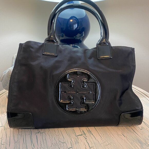 Tory Burch Black Logo Lined Large Hand Tote Purse - Picture 1 of 10